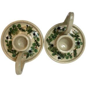 Signed Floral Ceramic Candlestick Holders Pair Cottagecore Vintage Farmhouse